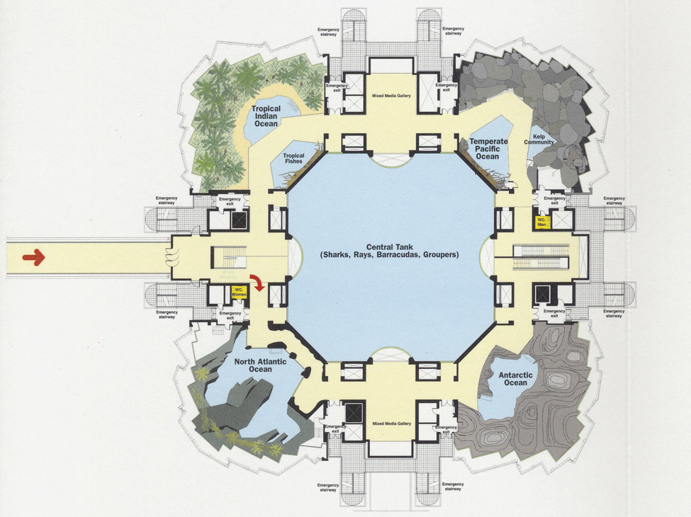 An online ticket is required for entry to the Lisbon Aquarium, which features a unique circular floor plan.