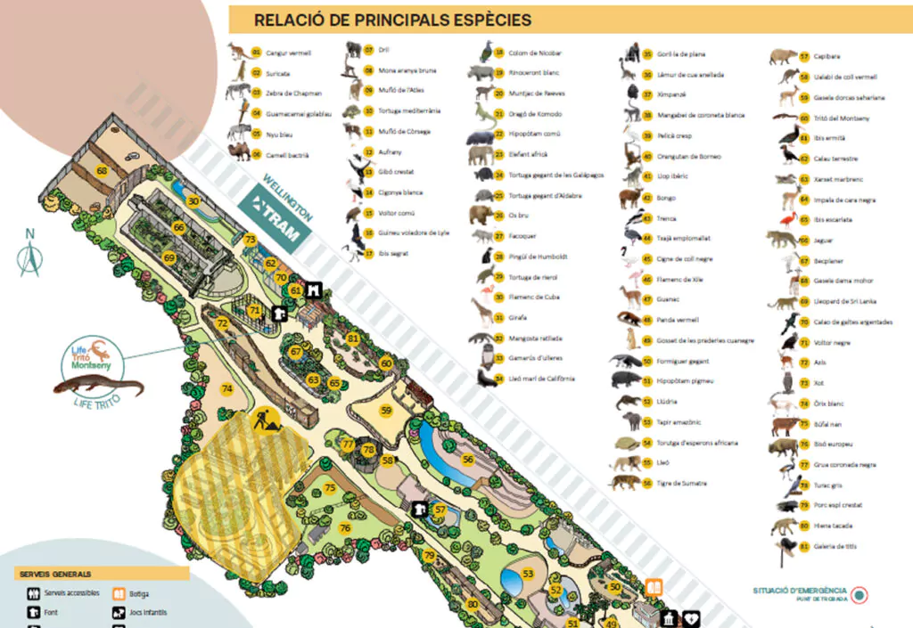 Online tickets for the Barcelona zoo, featuring a map and information about its animals.